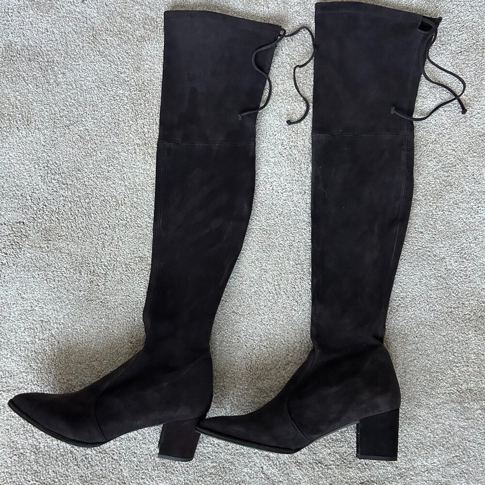 NWOT Stuart Weitzman Thighland Dark Brown Stretch Suede OTK Boots 8.5 $950